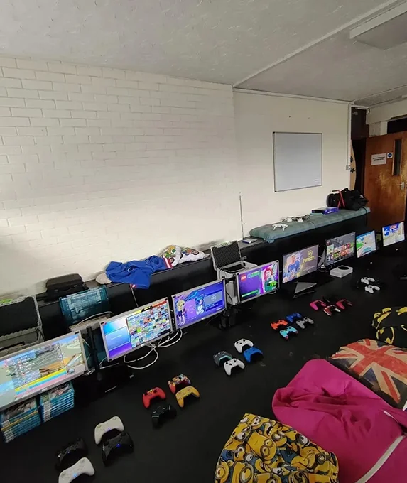 A complete group gaming setup prepared for an event
