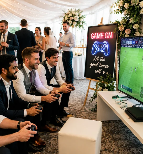 Guests enjoying multiplayer gaming at a wedding reception