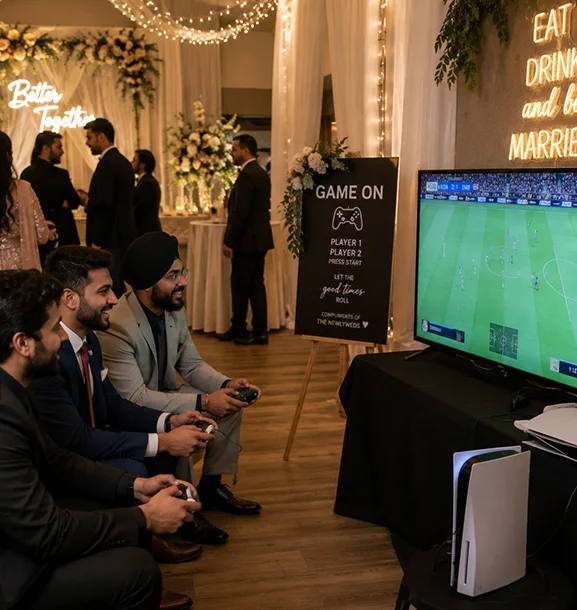 Wedding guests playing console games together